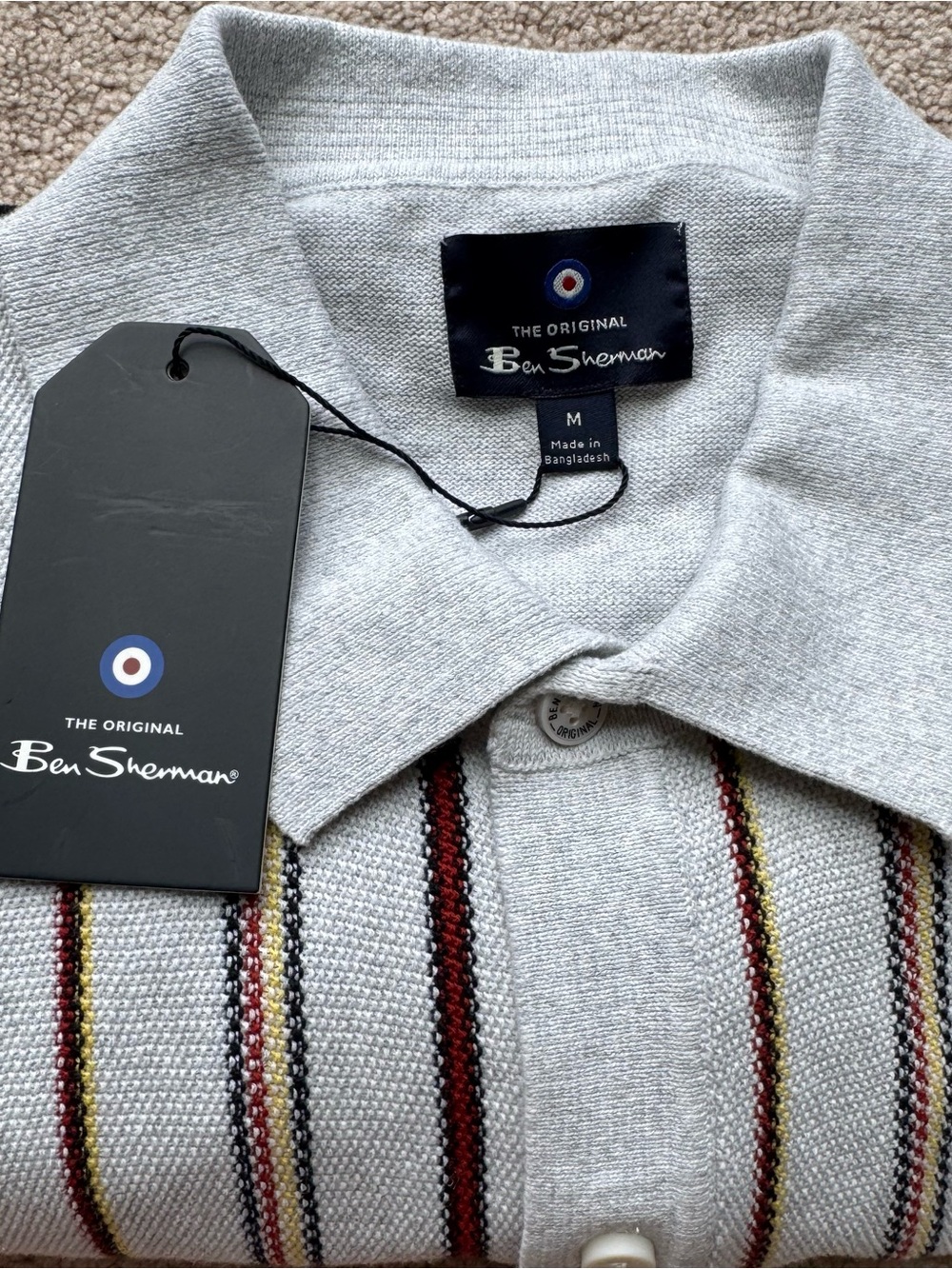Ben Sherman Men's Medium NWT Knit Polo Shirt Short Sleeve Vertical Stripe Grey